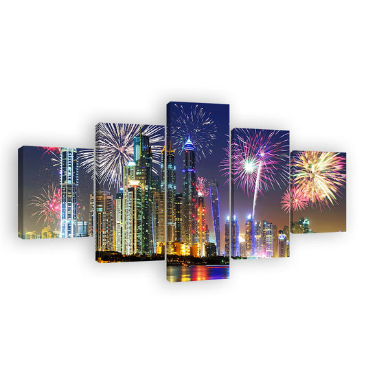 Colorful Fireworks in Dubai at Night Canvas Wall Art