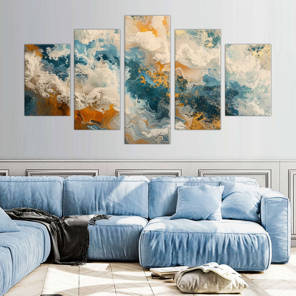 Oceanic Breeze - 5-Piece Abstract Fluid Canvas Art