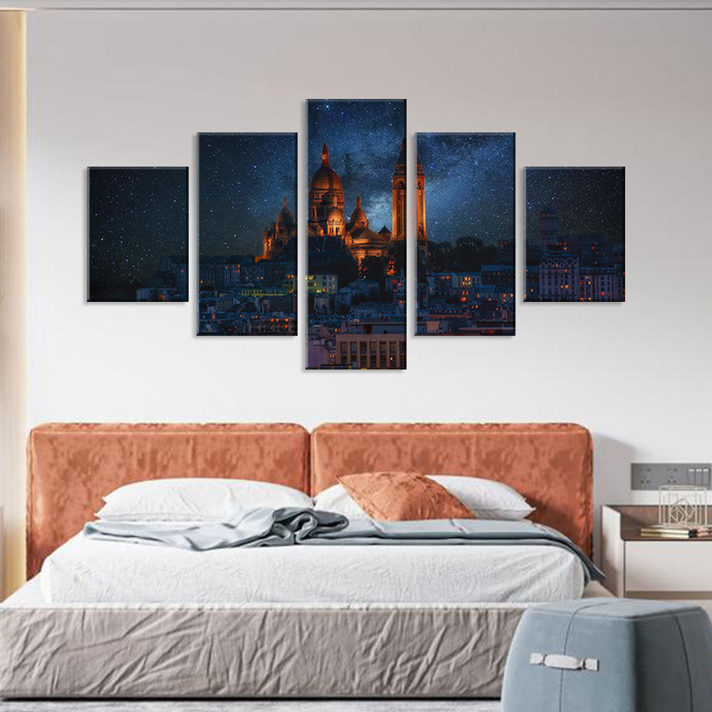 Montmartre Paris Night View in Shiny Space Canvas Wall Art
