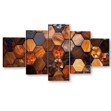 Abstract Wooden Seamless Hexagonal Mosaic Canvas Wall Art