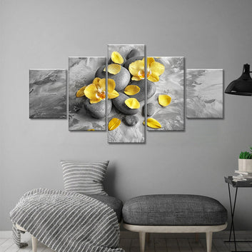 Yellow Orchid Flowers on Stones Canvas Wall Art