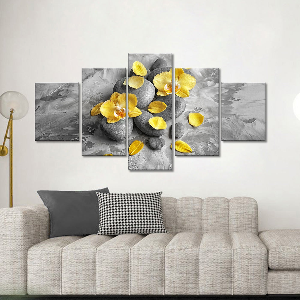 Yellow Orchid Flowers on Stones canvas wall art