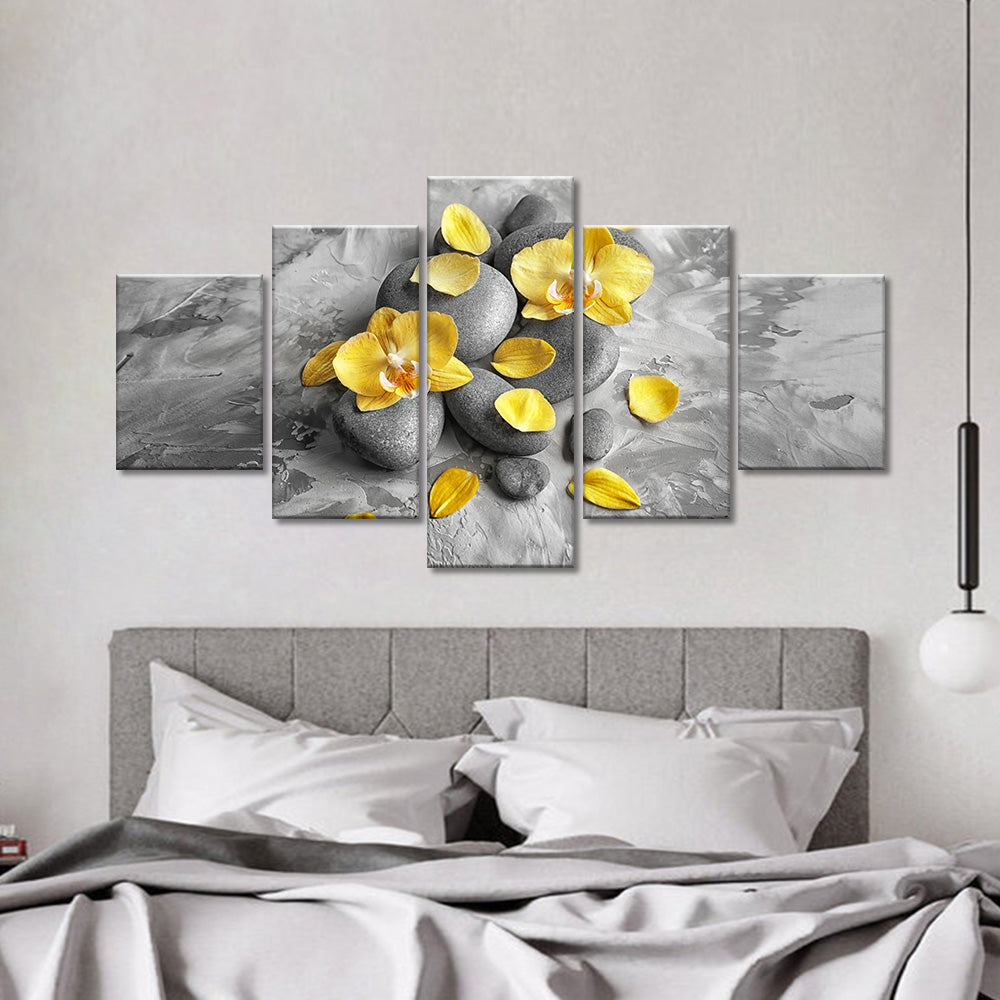 Yellow Orchid Flowers on Stones canvas wall art