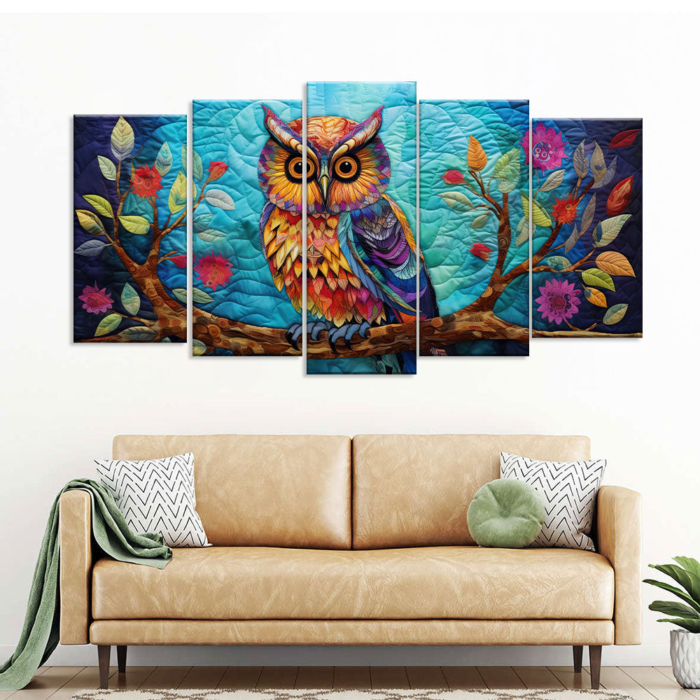 Colorful Owl on Branch Canvas Wall Art