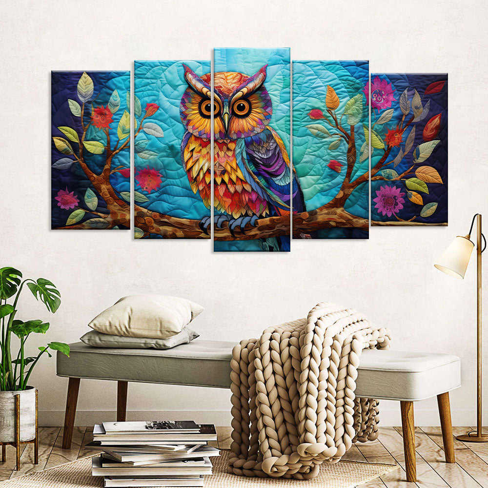 Colorful Owl on Branch Canvas Wall Art