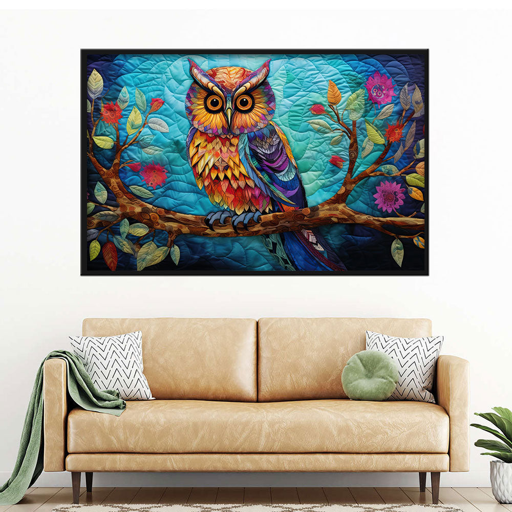 Colorful Owl on Branch Canvas Wall Art