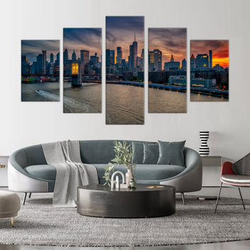 New York City Skyline and Brooklyn Bridge Canvas Wall Art - 5-Piece Set