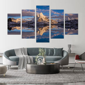 Snow-Capped Mountain Reflection Canvas Wall Art - 5-Piece Set