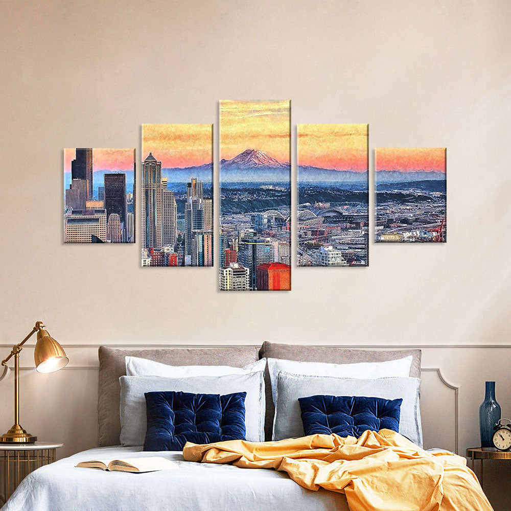 Seattle Skyline with Mountain Canvas Wall Art
