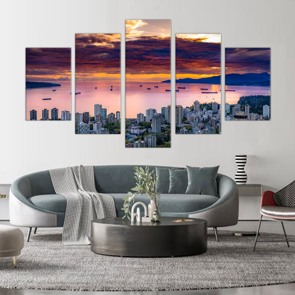 Vancouver Skyline Sunset Canvas Wall Art - 5-Piece Set