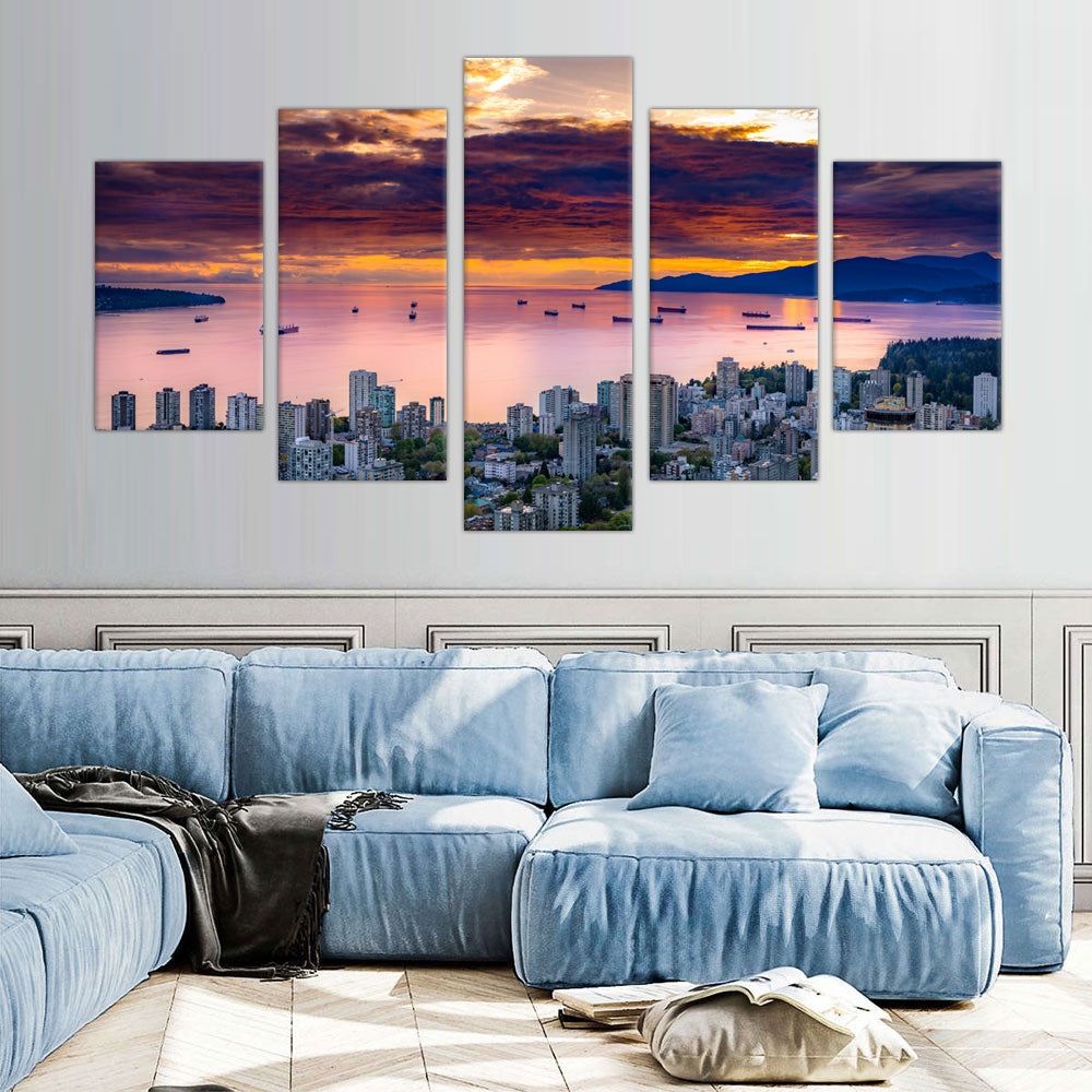 Vancouver Skyline Sunset Canvas Wall Art - 5-Piece Set