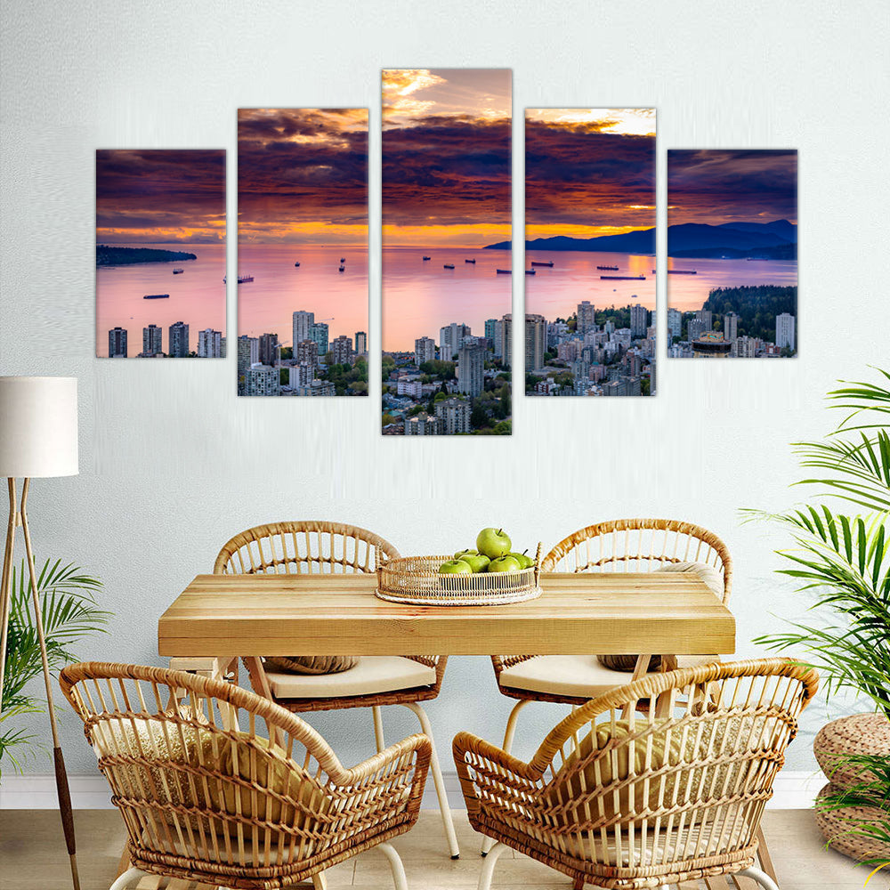 Vancouver Skyline Sunset Canvas Wall Art - 5-Piece Set