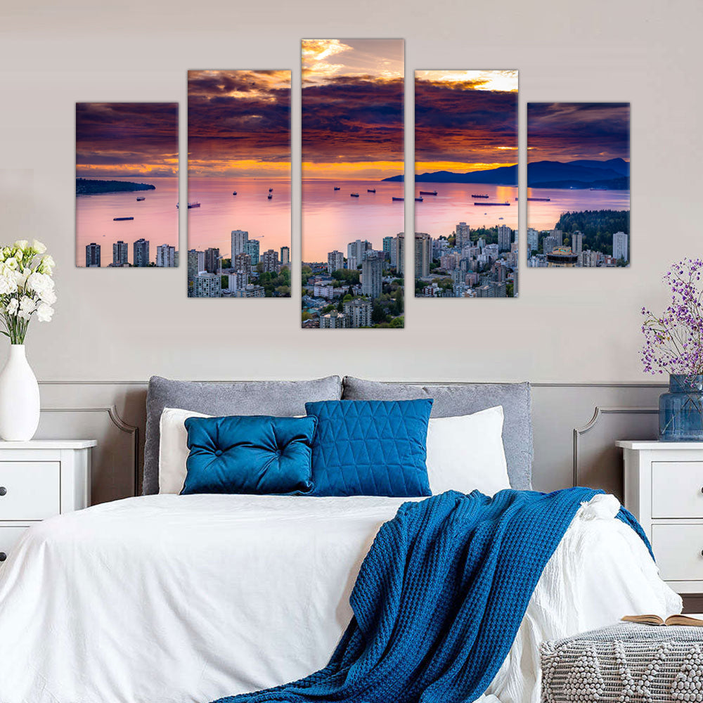 Vancouver Skyline Sunset Canvas Wall Art - 5-Piece Set