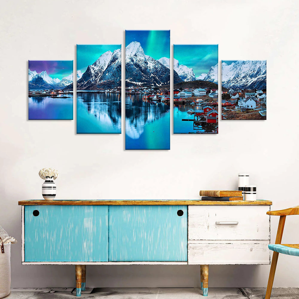 Norway Lofoten Mountains Snow Bay Canvas Wall Art