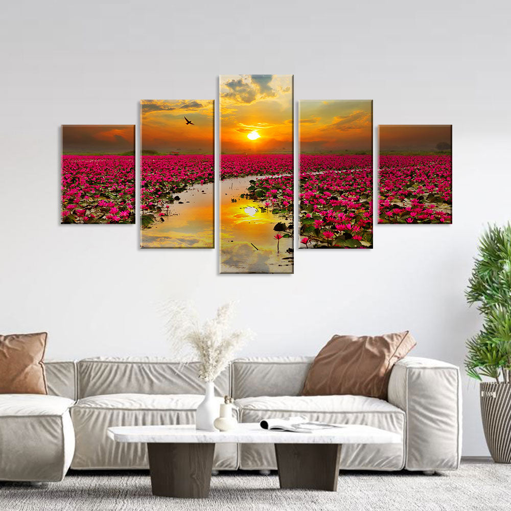 Sunshine Rising Lotus Flowers Canvas Wall Art