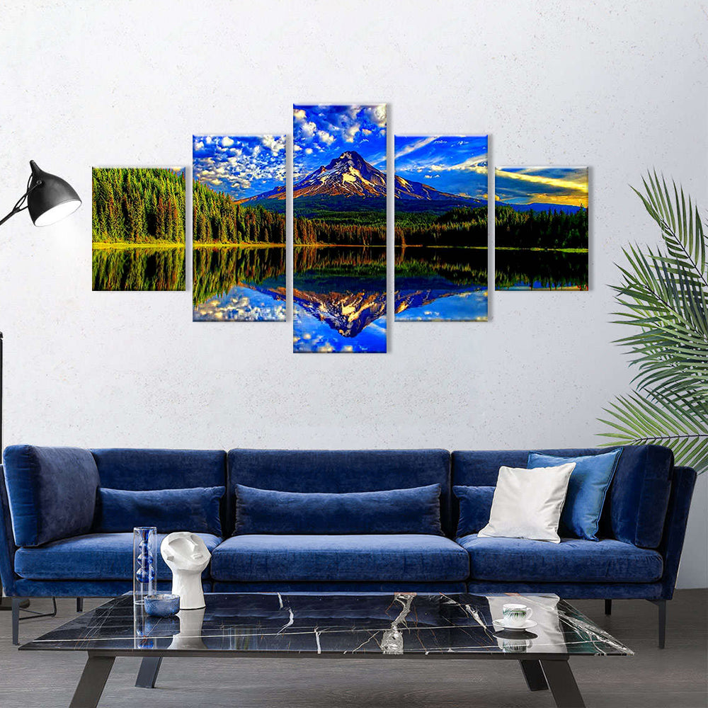 Blue Sky White Cloud Rock Mountain Reflection in Water Canvas Wall Art