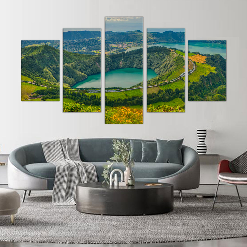 Sete Cidades Lagoon Panoramic Canvas Wall Art - 5-Piece Set