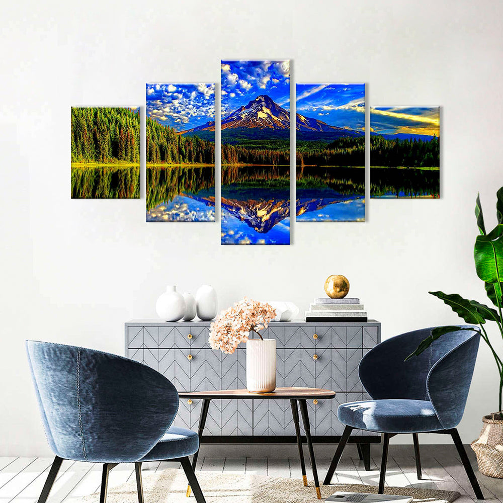 Blue Sky White Cloud Rock Mountain Reflection in Water Canvas Wall Art