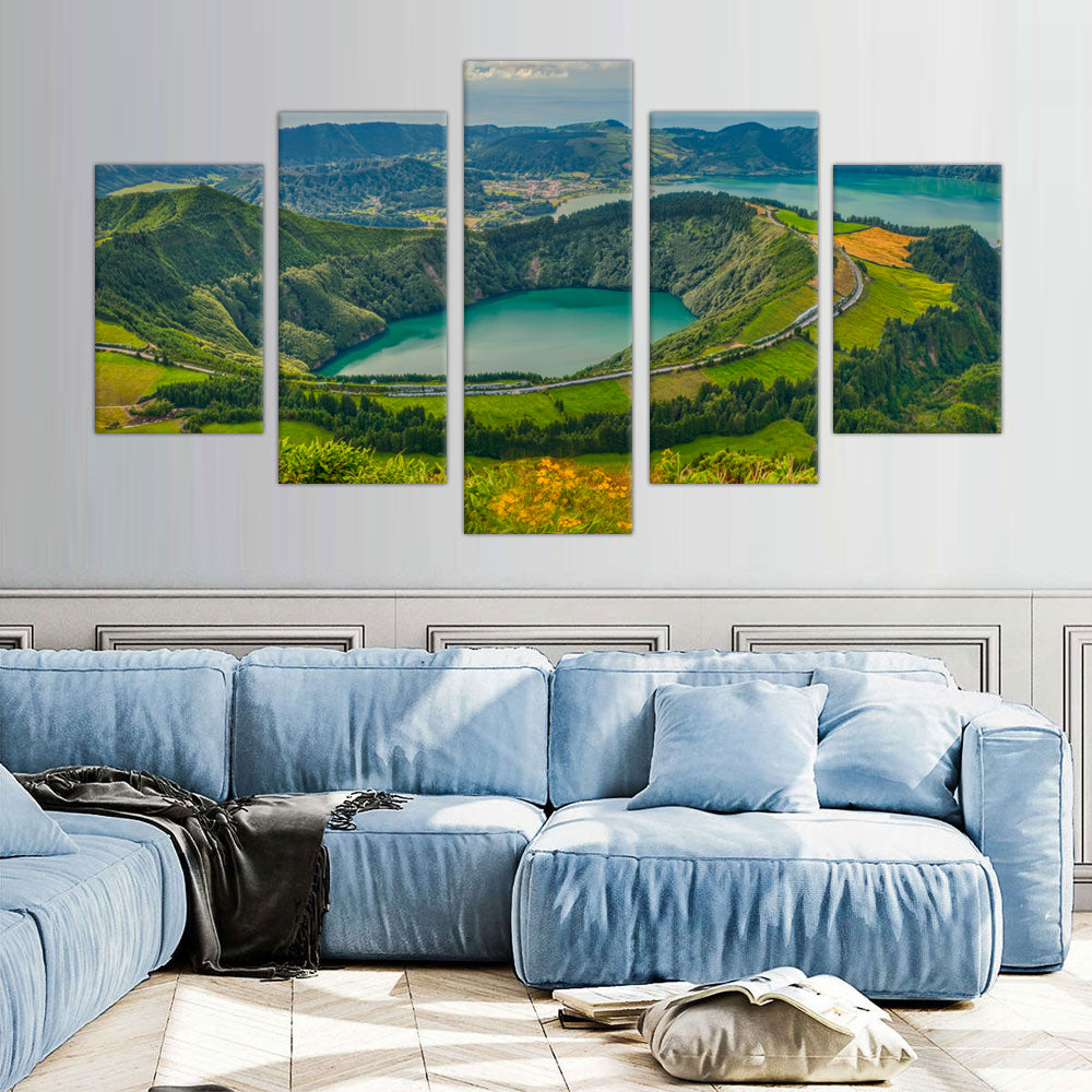 Sete Cidades Lagoon Panoramic Canvas Wall Art - 5-Piece Set