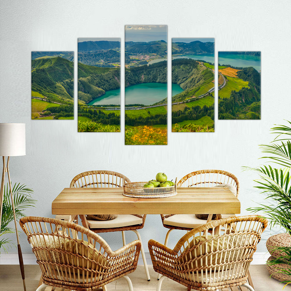 Sete Cidades Lagoon Panoramic Canvas Wall Art - 5-Piece Set