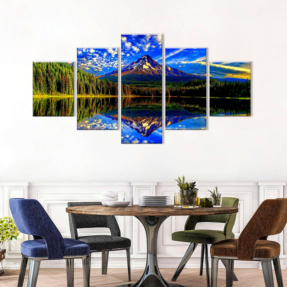 Blue Sky White Cloud Rock Mountain Reflection in Water Canvas Wall Art