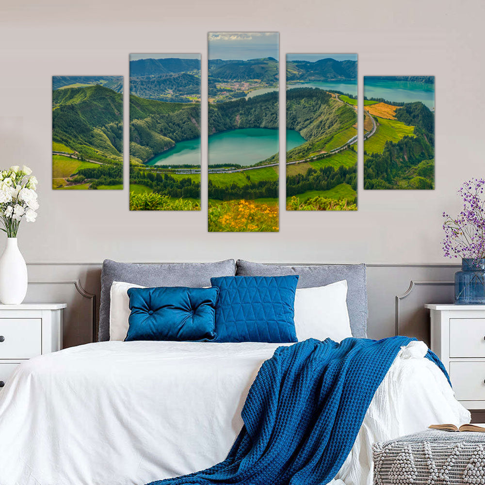 Sete Cidades Lagoon Panoramic Canvas Wall Art - 5-Piece Set