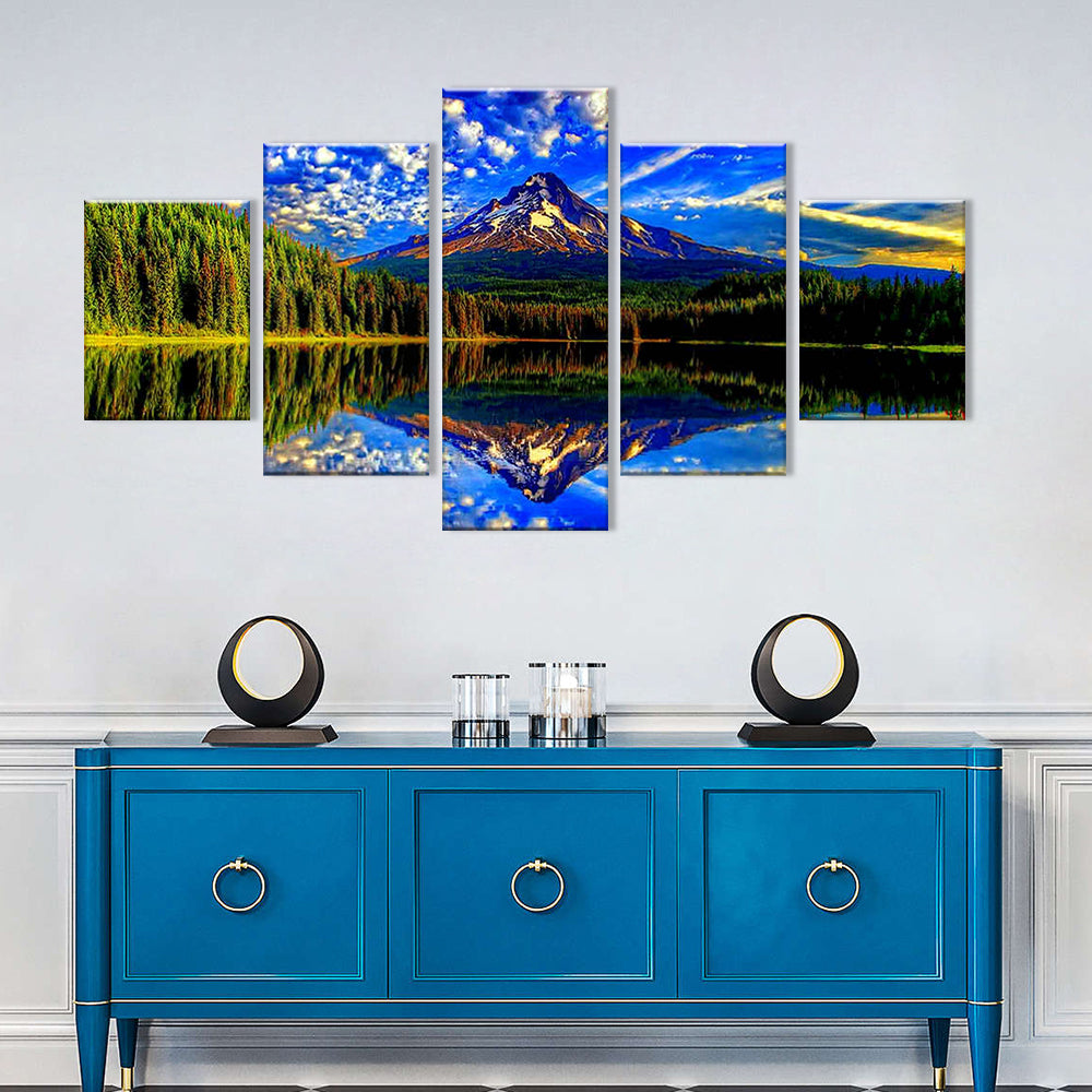 Blue Sky White Cloud Rock Mountain Reflection in Water Canvas Wall Art