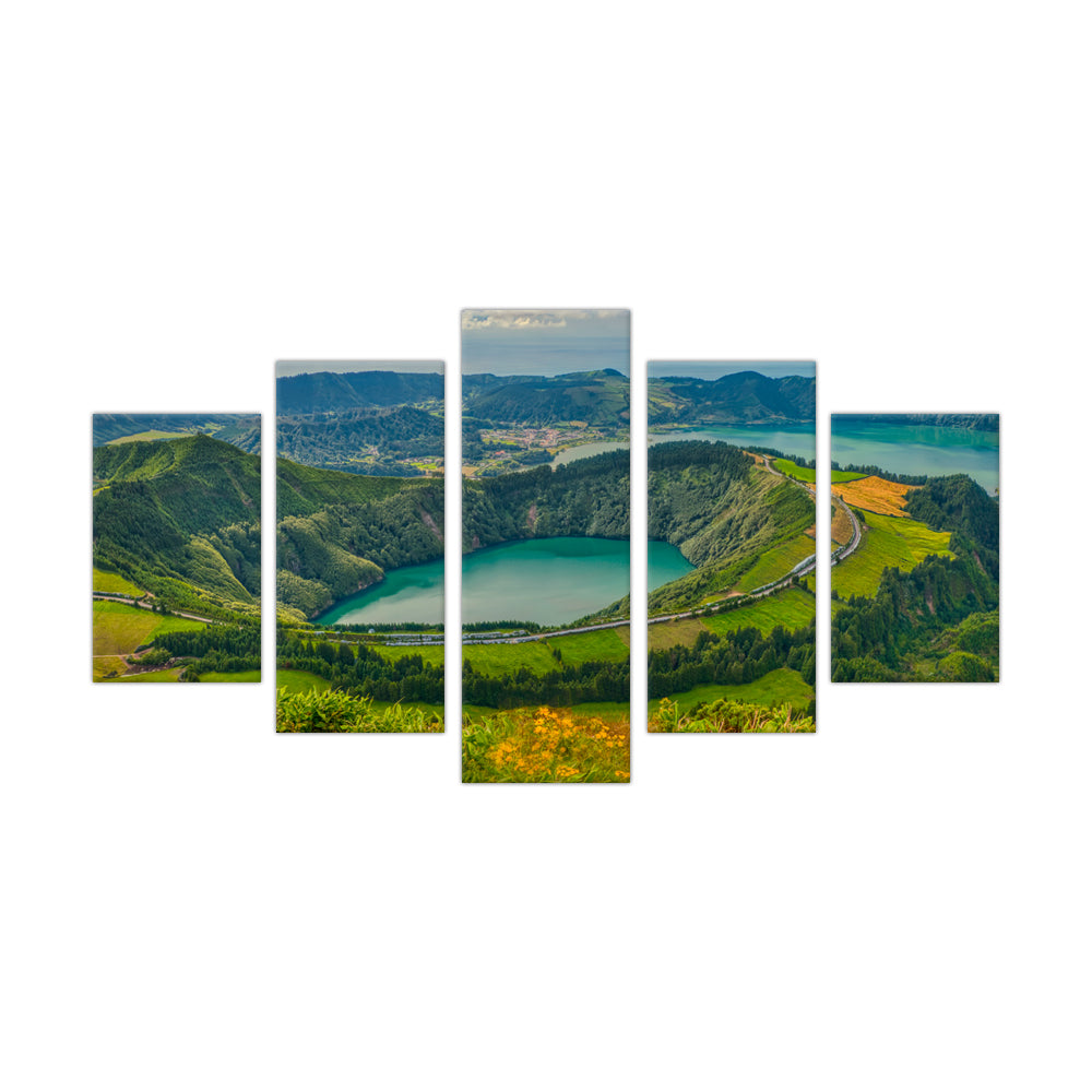 Sete Cidades Lagoon Panoramic Canvas Wall Art - 5-Piece Set