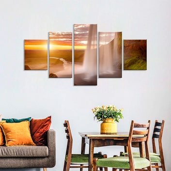 Waterfall Sunset in Iceland Canvas Wall Art