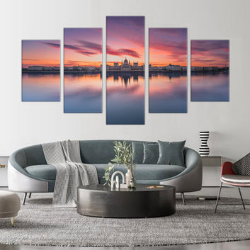 Budapest Parliament at Sunrise - 5-Piece Panoramic Canvas Wall Art