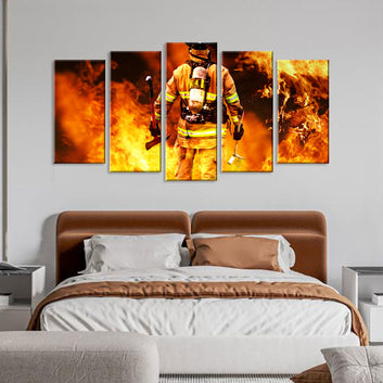 5 Piece Brave Firefighter Walking Into Fire Canvas Wall Art
