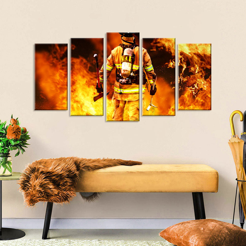 5 Piece Brave Firefighter Walking Into Fire Canvas Wall Art