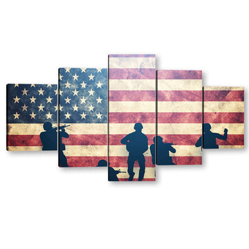 5 Piece Vintage American Flag Soldiers Silhouettes Canvas Wall Art