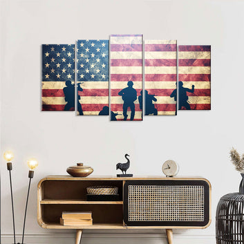 5 Piece Vintage American Flag Soldiers Silhouettes Canvas Wall Art