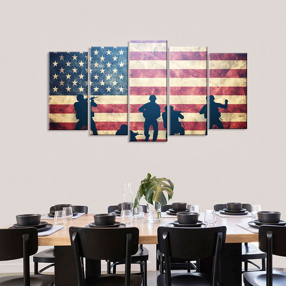 5 Piece Vintage American Flag Soldiers Silhouettes Canvas Wall Art