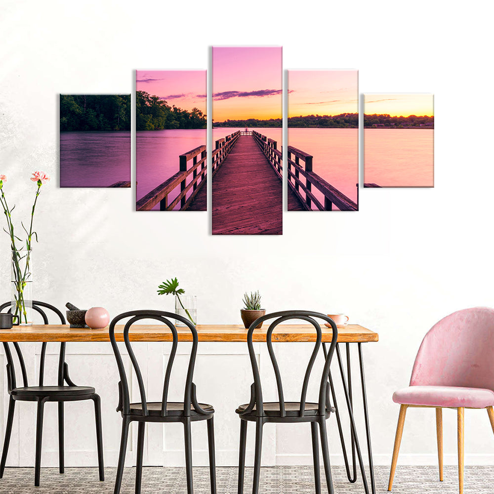 Pink Sunset Lake Pier Canvas Wall Art