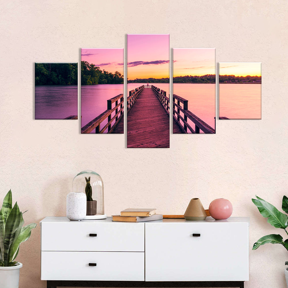 Pink Sunset Lake Pier Canvas Wall Art