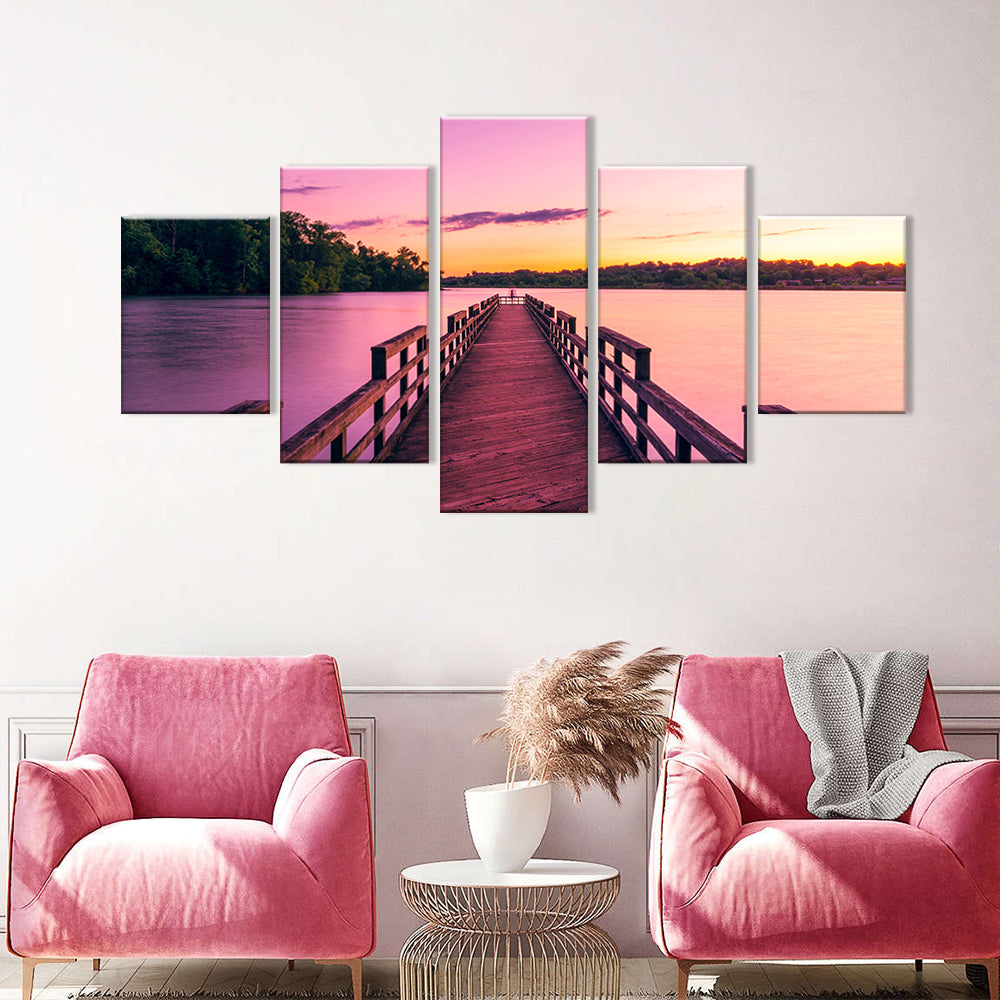 Pink Sunset Lake Pier Canvas Wall Art