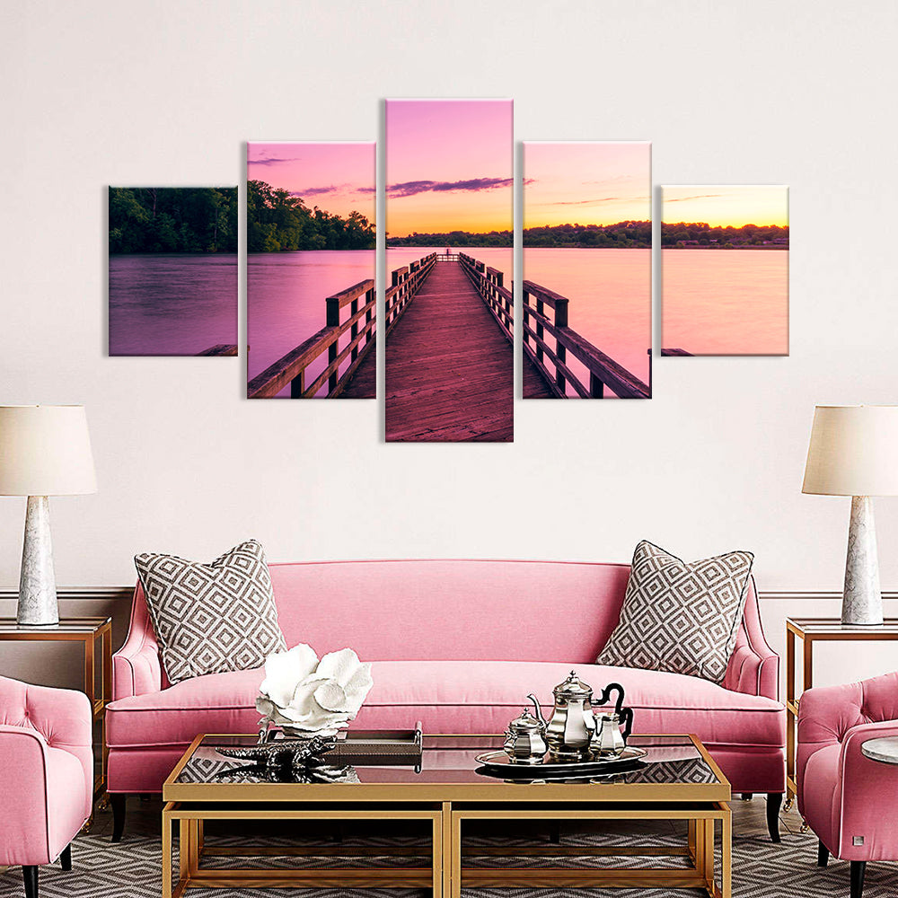 Pink Sunset Lake Pier Canvas Wall Art