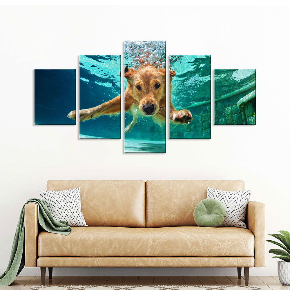 Golden Retriever Diving Under Water Canvas Wall Art