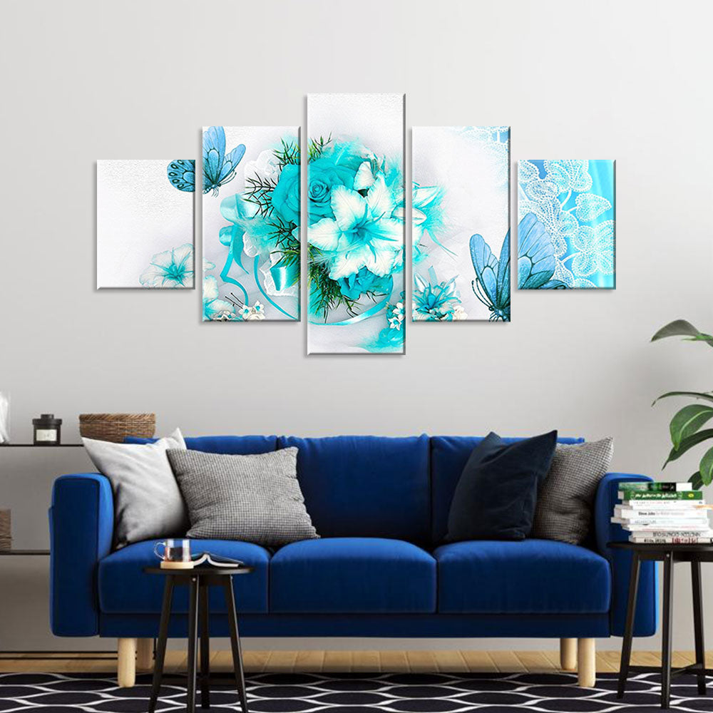 Aesthetic Turquoise Butterfly with Flowers Canvas Wall Art