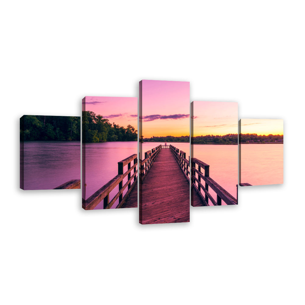 Pink Sunset Lake Pier Canvas Wall Art