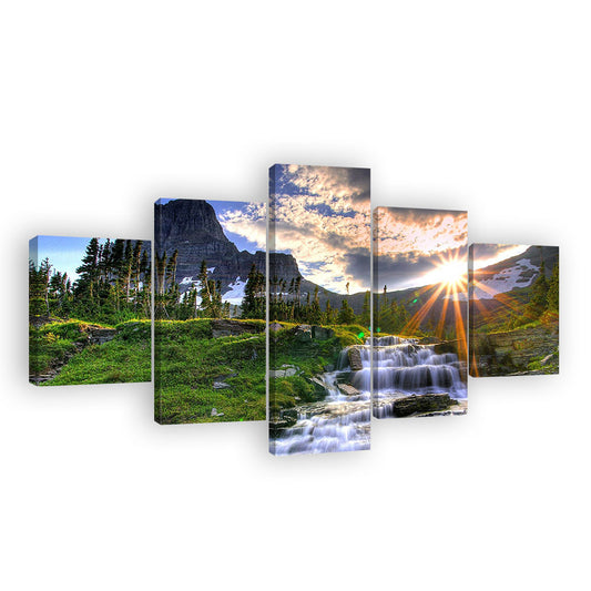 Sunrise Forest Waterfall Canvas Wall Art