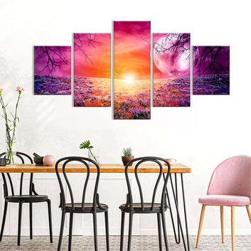 Fantasy Landscape Moon Flowers Field Canvas Wall Art