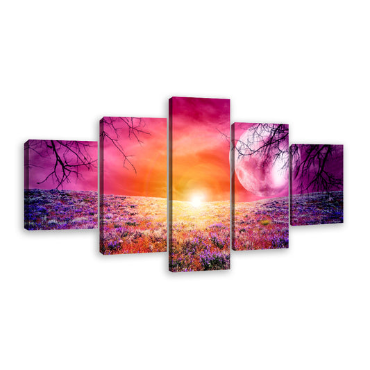 Fantasy Landscape Moon Flowers Field Canvas Wall Art