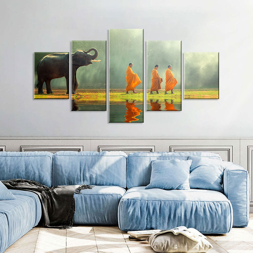 Elephant Walking with Monks Canvas Wall Art 