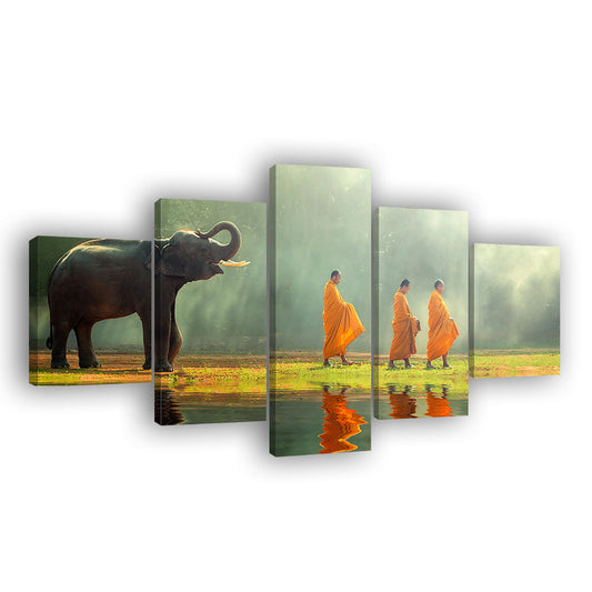 Elephant Walking with Monks Canvas Wall Art