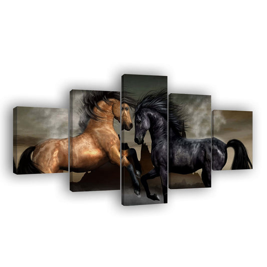 Wild Black and Brown Horses Running Canvas Wall Art