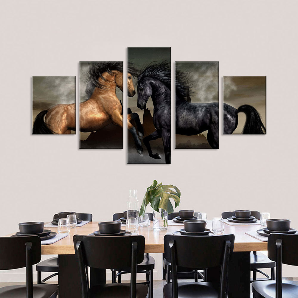 Wild Black and Brown Horses Running Canvas Wall Art