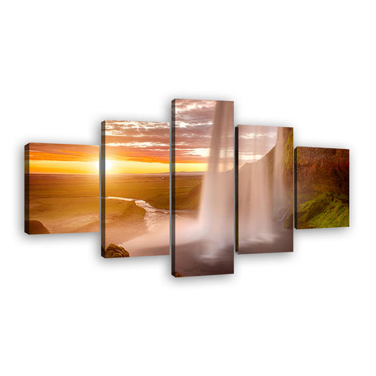 Waterfall Sunset in Iceland Canvas Wall Art